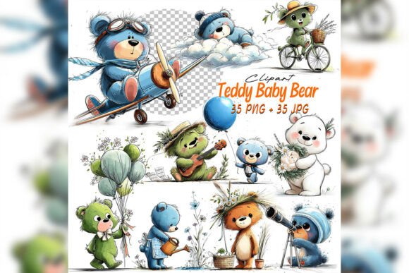 Bringing Calm to Your Designs with Whimsical Green Blue Teddy Bear Clipart