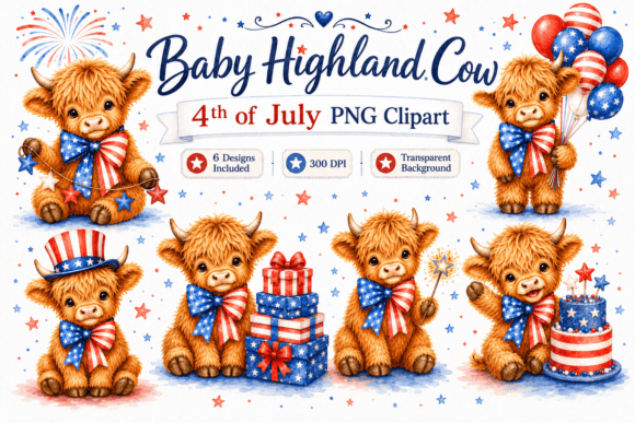 Celebrate Summer with Adorable Baby Highland Cow 4th of July PNG Designs