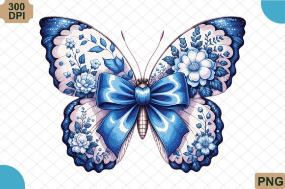 Elegant Blue Floral Butterfly Bow PNG for Creators