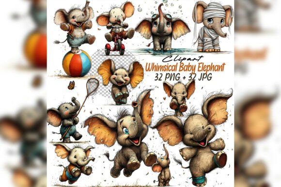 Elevating Narrative Design with the Whimsical Baby Elephant Clipart Set