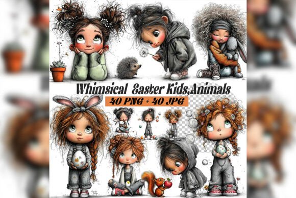 Whimsical Easter Girl Cat Clipart Set for Spring