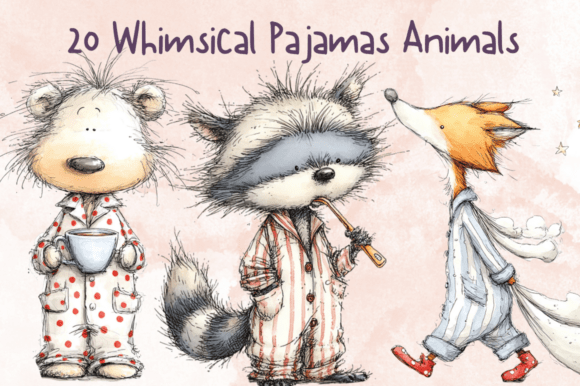 Whimsical Pajamas Animals Clipart Set: Bringing Cozy Bedtime Stories to Life